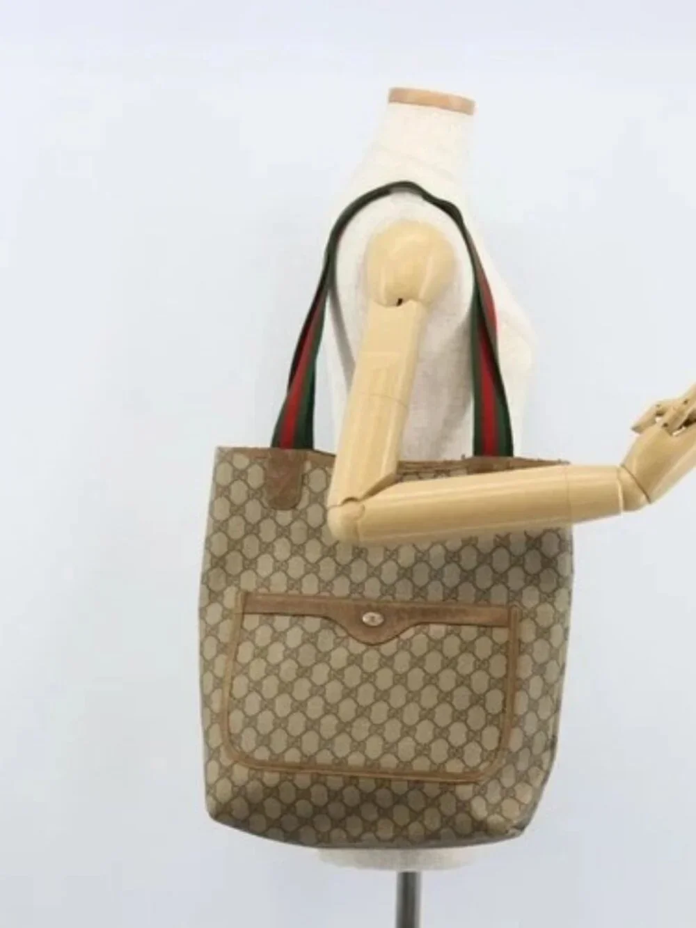 GUCCI GG Supreme Web Sherry Line Tote Bag PVC Beige 39 02 003 Auth BAZ015